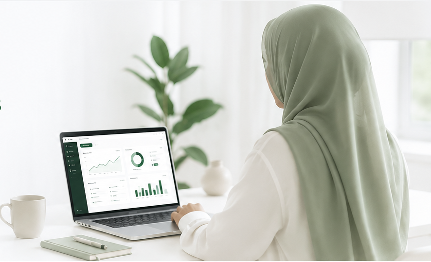 Femme portant un hijab vert travaillant sur un dashboard professionnel